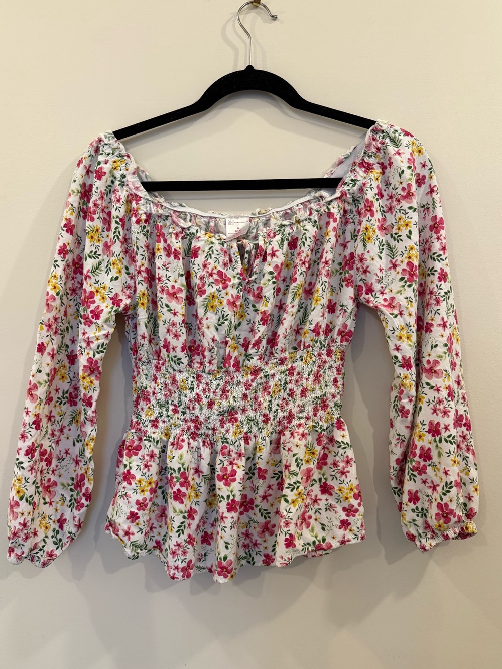 No Boundaries White Floral Smocked Peasant Blouse with Pink & Yellow Flowers